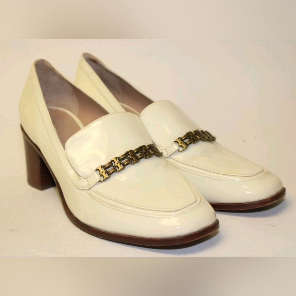 Tory Burch Gemini Link Womens 6.5 M Ivory Patent Leather Loafers Heels - Picture 2 of 12
